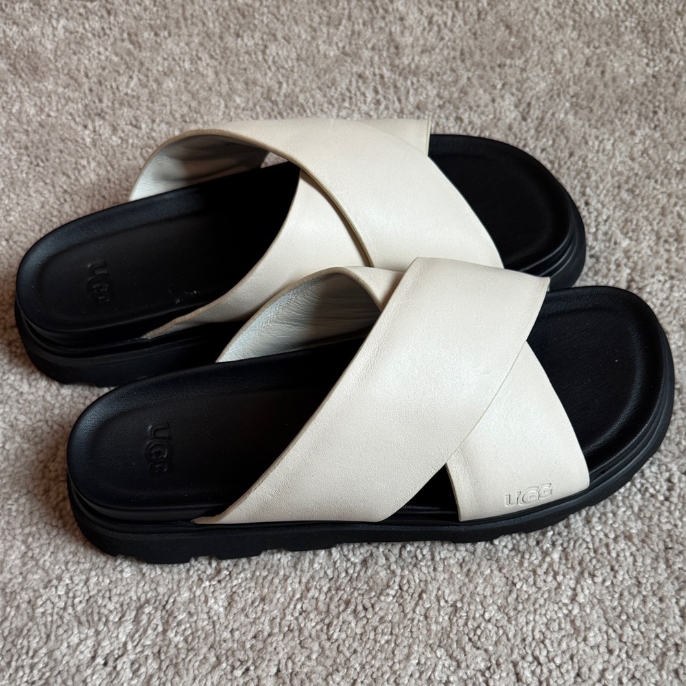 UGG Black and Cream Cross Strap Sandals brand new. Leather